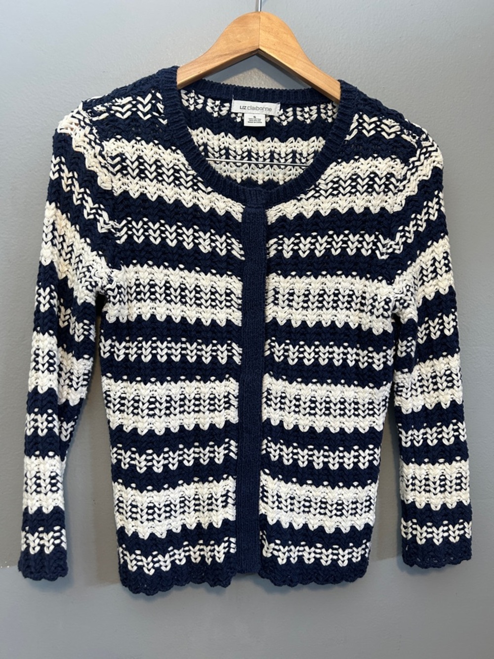 Liz Claiborne Navy & White Open-Weave Striped Cardigan cotton blend knit S